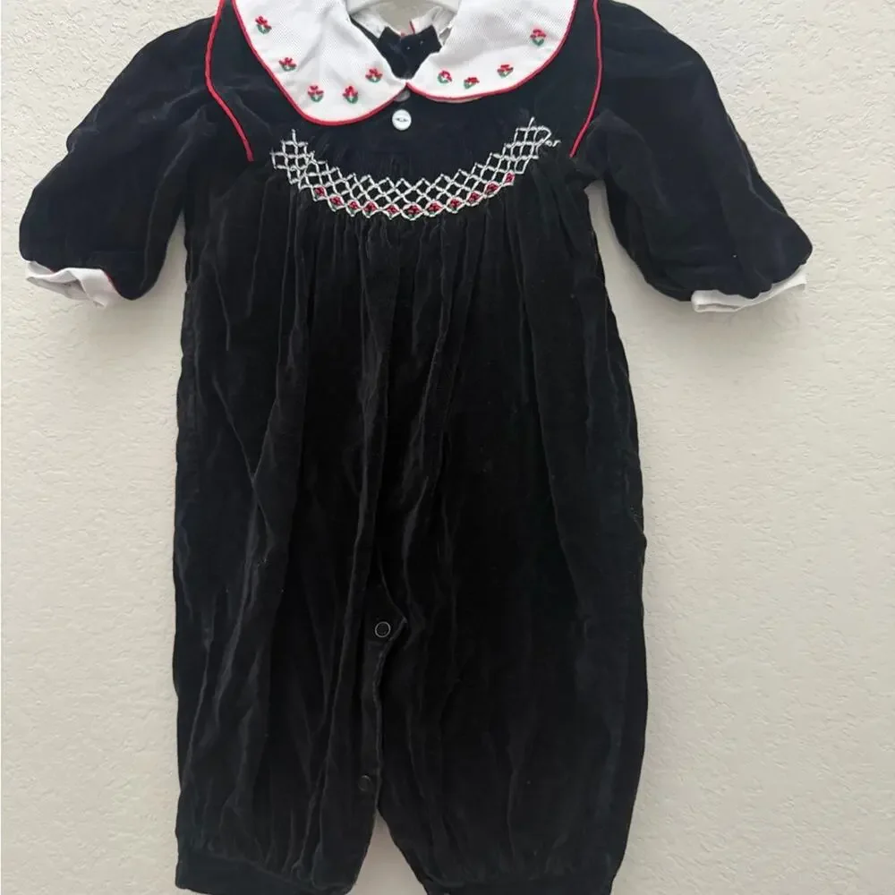 Baby Smocked Romper Black Velvet Floral Embroidery 12 to 18 Months Vintage Style